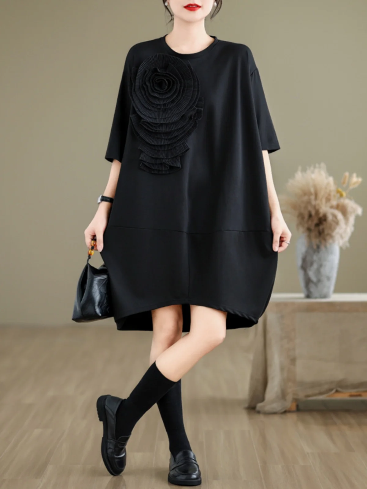 Été ample Midi Dr femmes T-shirt jupe Design Sensation petite ence t-shirt-dimensionnel fleur ort Sve Dr