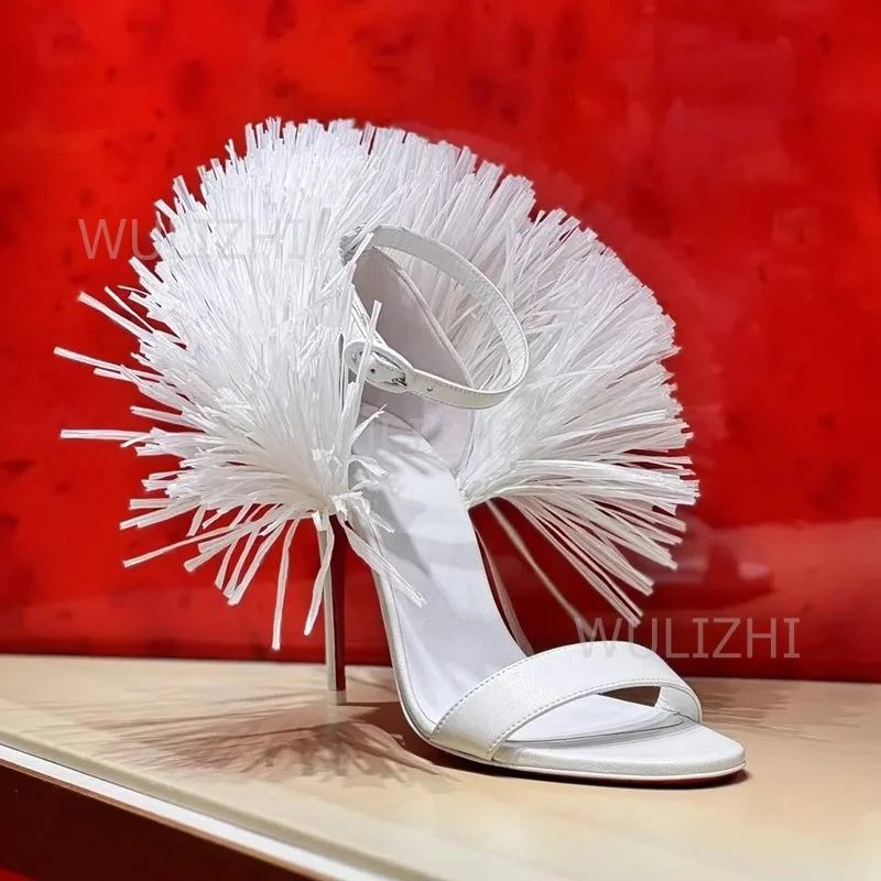 Bianco Nappa Piuma Cinghie lunghe Tacchi Ragazze Carino Fibbia aperta Sandalo Estate Nero Nappa-Cravatta Cinturino alla caviglia Slingback Rosso Scarpe sexy