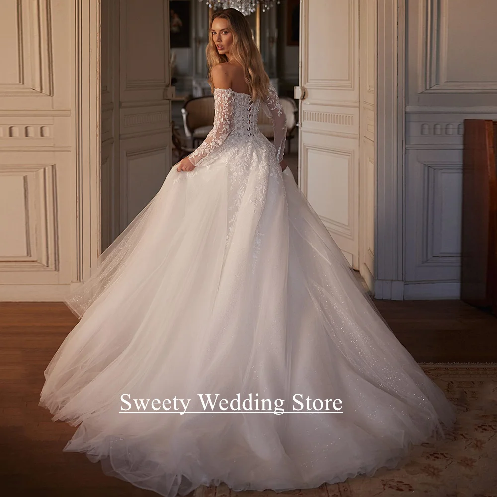 Vestido De Noiva Wedding Dresses Customized Design Long Sleeves Beading Applique Sweep Train Glitter Tulle Corset Bridal Gown