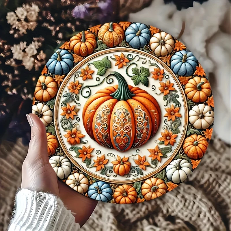 

Autumn Harvest Iron Metal Sign 7.8 Inch Round - Charming Pumpkin and Floral Design Wall Art for Home, Farmhouse, Porch