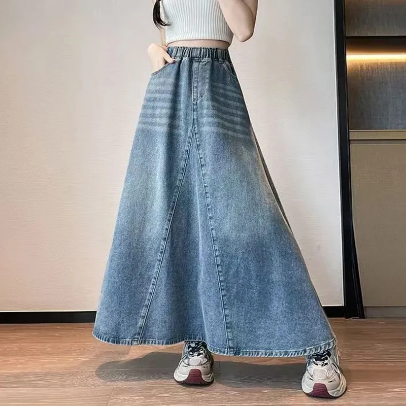 Women Skirt Korean Style High Waist Elastic Washed Denim Maxi Skirt A-Line Flared Long Jean Skirt Pockets Casual Y2K Streetwear
