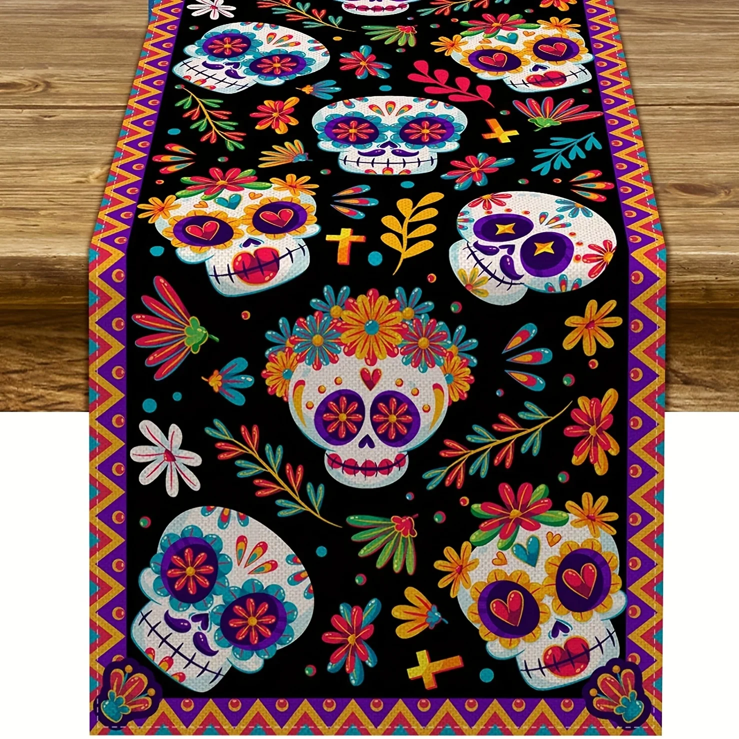 Mexikanische Totenkopf-Tischdecke, Lebendiges Sensenmann- und Blumenmuster, Dia De Los Muertos Dekorative Tischdecke