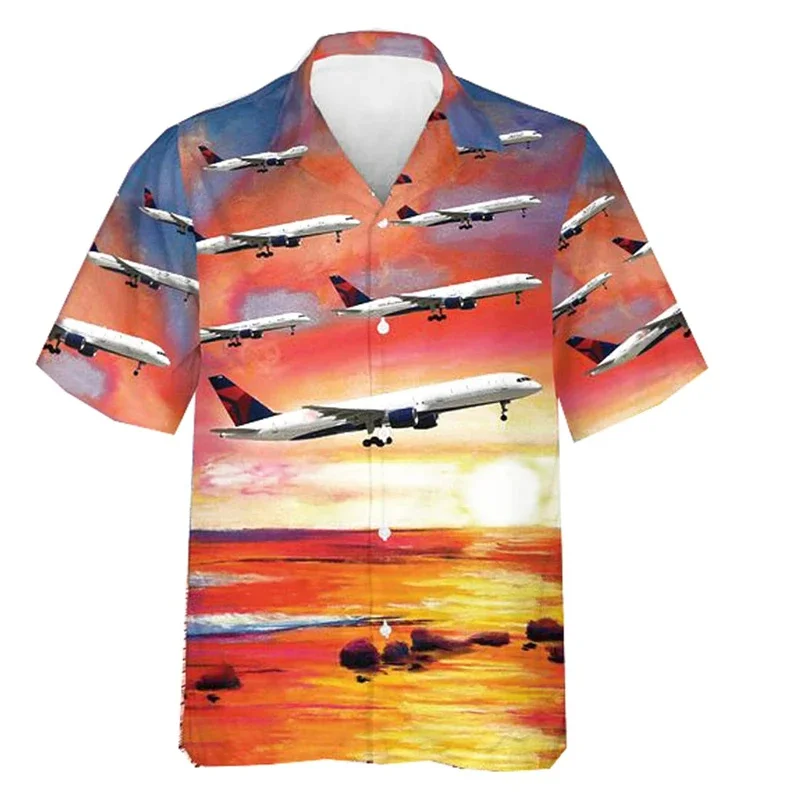 Vintage 3D Printed Fighter Plane Shirt For Men Clothing Hawaiian Beach Shirts Summer Short Sleeve Y2k Tops Clothes Lapel Blouse