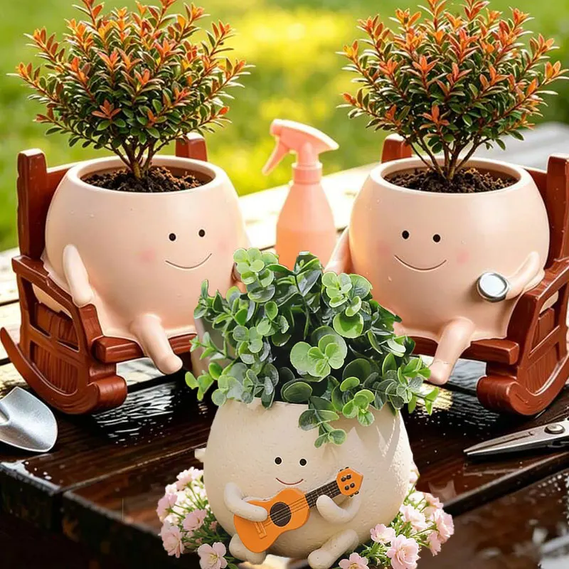 Smiling Face Planter, Cute Guitar Design, With Drainage Hole, Funny Small Flower Pot, Suitable For Indoor Succulents, JJ2496