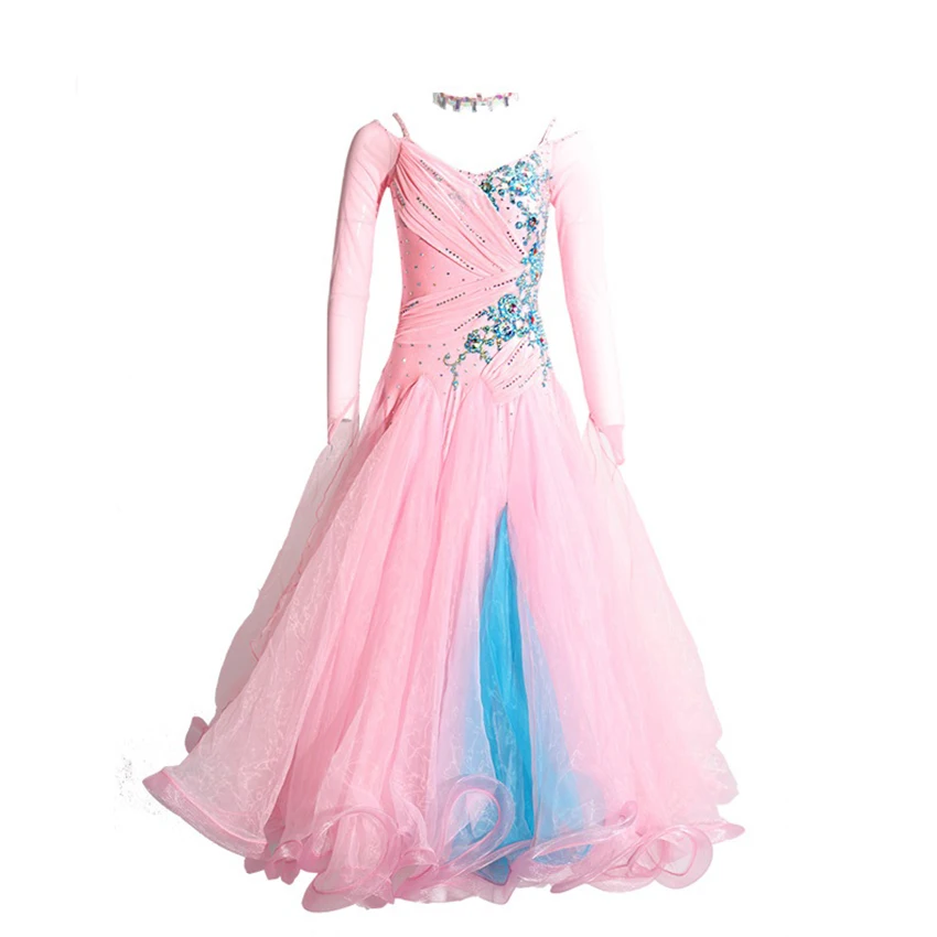 Pink Contrast Color Off Shoulder Ballroom Competition Dance Dress Waltz Dress For Dancing Clothes Rumba Dance Costumes