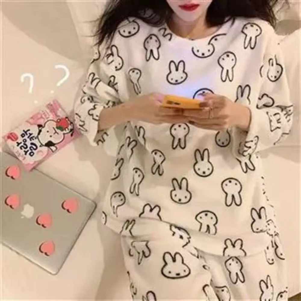 Miffy coelho coral velo pijamas manga longa engrossado flanela feminina conjunto de roupas para casa outono e inverno calor