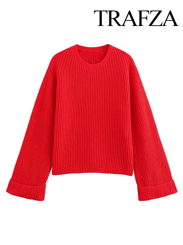 TRAFZA Women Autumn Winter Fashion Crew Neck Chenille Fabric Pullover Sweater Female Elegant Solid High Street Knitted Sweater