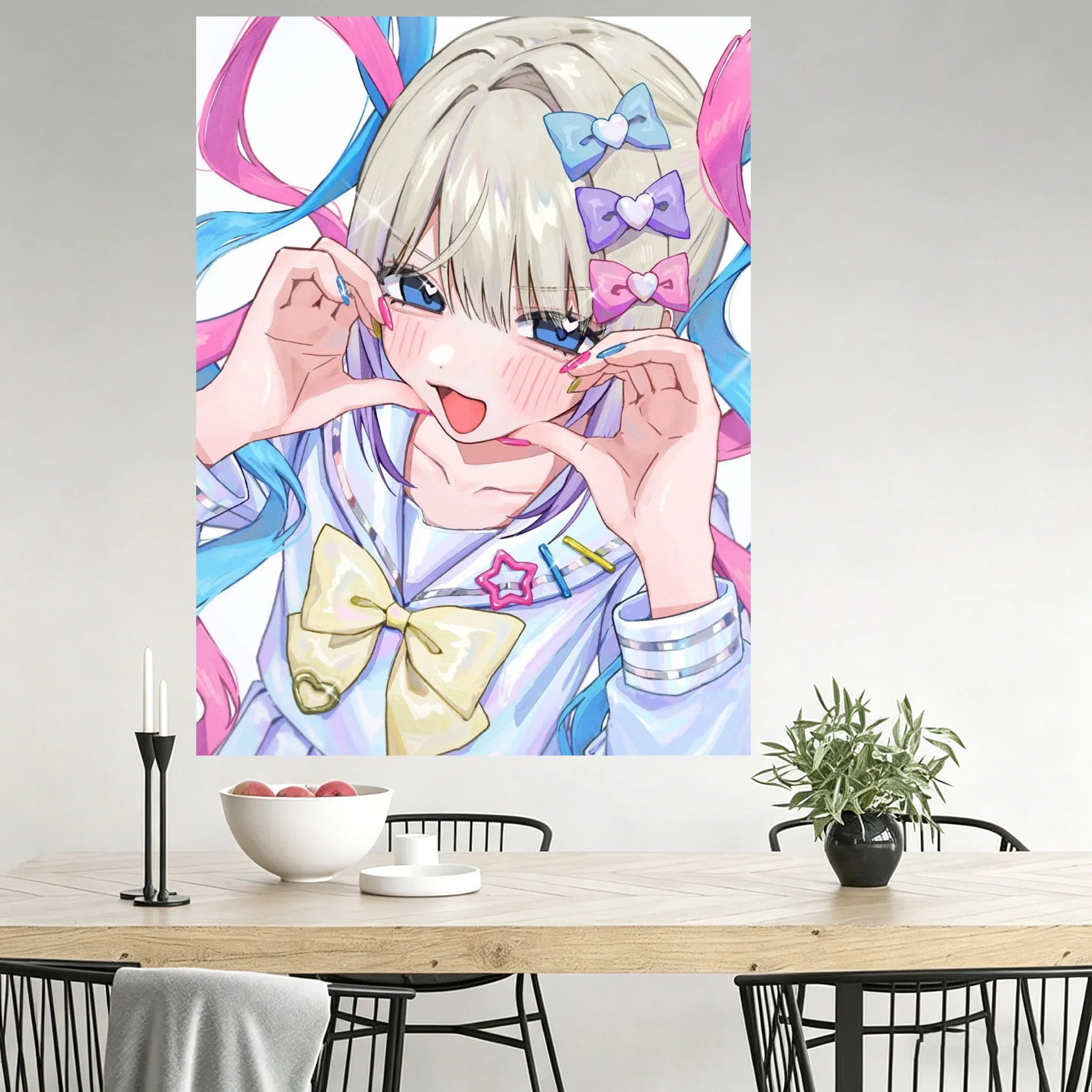 VIKAMA Cyber Yandere Girl Heart Gesture with Cheeks Tapestry Cute Girl Bedroom Dorm Decor Room Stuff Gift&Anime Merchandise