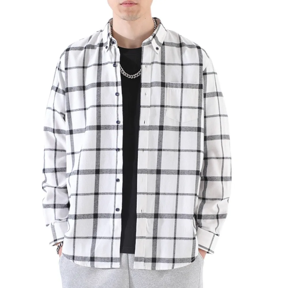 

Fashion Cotton Men Blouse Button Up Lapel Grid Blouse Women All Match Loose Plaid Oversized Shirts Students