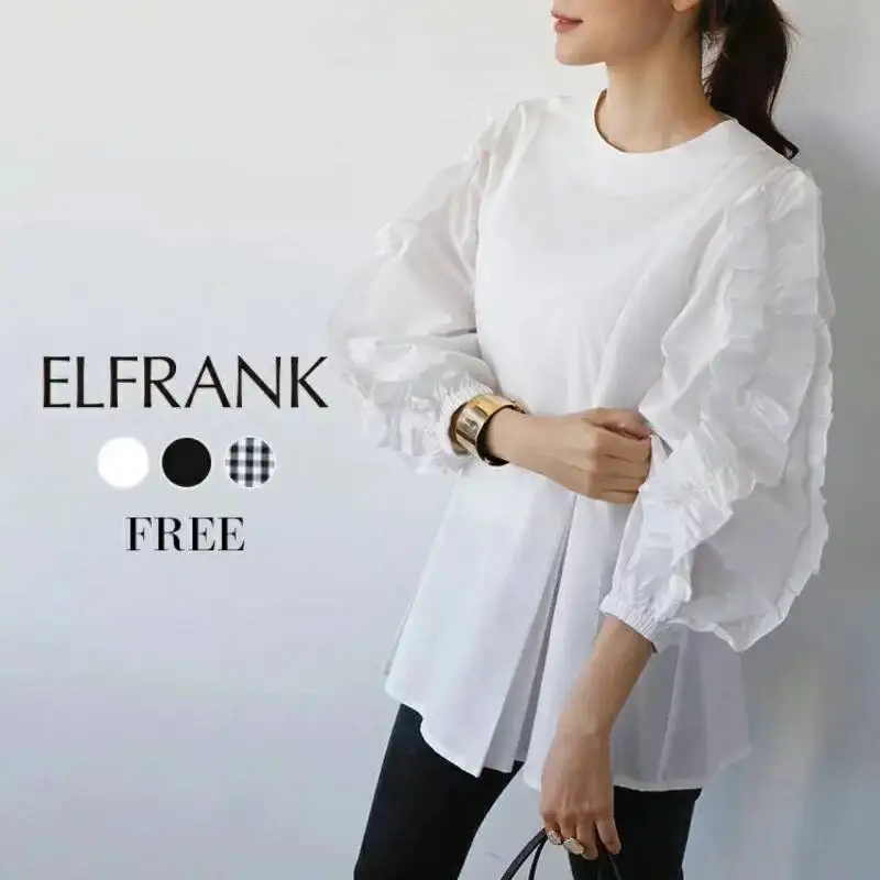 

Lotte Sweet Loose Design Ruffled Long Sleeve Round Neck Solid Color Plaid Shirt for Women Summer