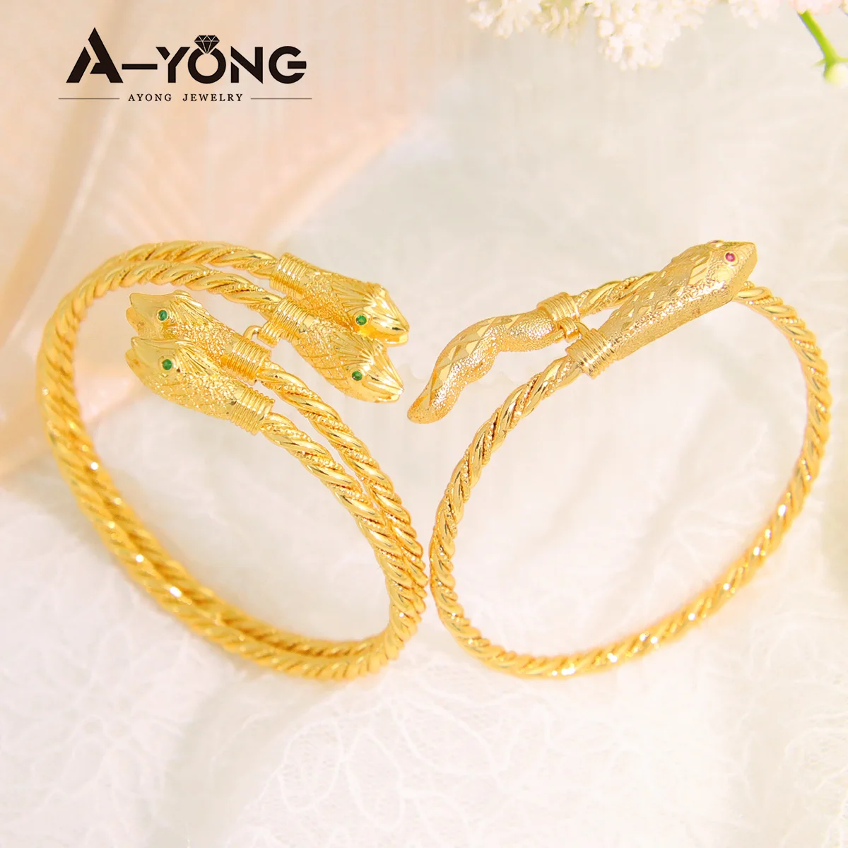 AYONG Gold Color Snake Twisted Cuff Bangles 21k Gold Plated Vintage Single Double Layer Bracelets Dubai African Luxury Jewelry