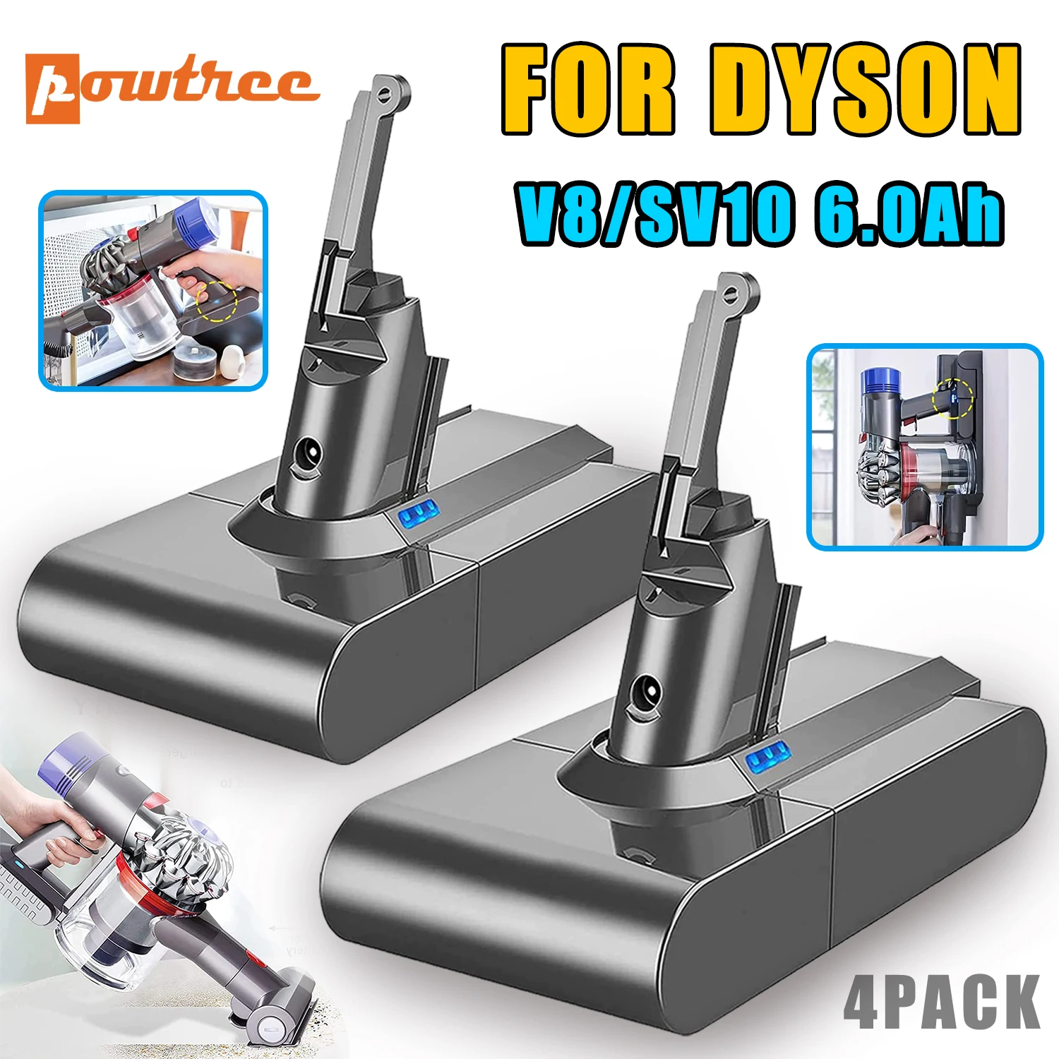 Powtree 6.0Ah 21.6V For Dyson V8 Battery Absolute V8 Animal Li-ion SV10 Handheld Vacuum Cleaner series Rechargeable batteries