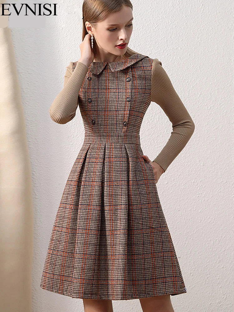 EVNISI 2023 Women Vintage Dress Winter Long-sleeved Woolen Patchwork Knitted Sleeve High Waist Pleat Brown Dresses A-Line Ladies