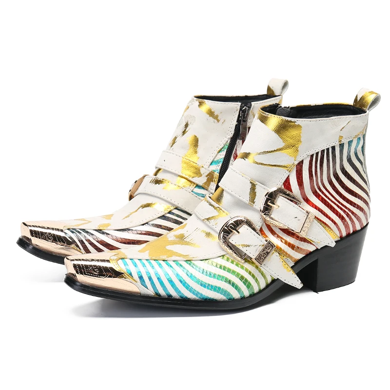 Fashion mens mujer botas striped Leather boots zipper ankle booties male party dress shoes steel toe men boots thick heel Oxford