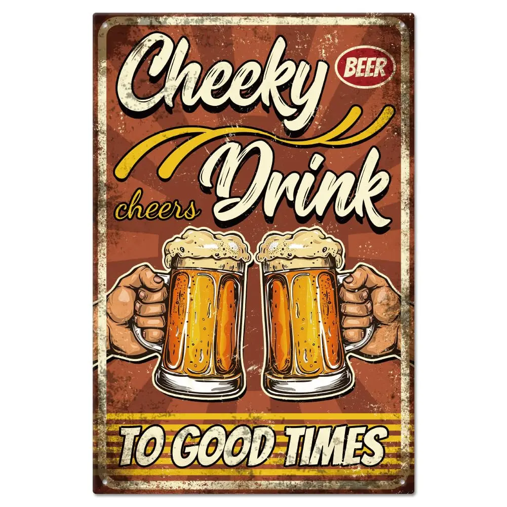 GLOBLELAND Vintage Beer Cheers Metal Tin Sign 8×12inch Retro Beer Drink Funny Tin Room Door Sign Cave Signs Art Plaque Poster Wa