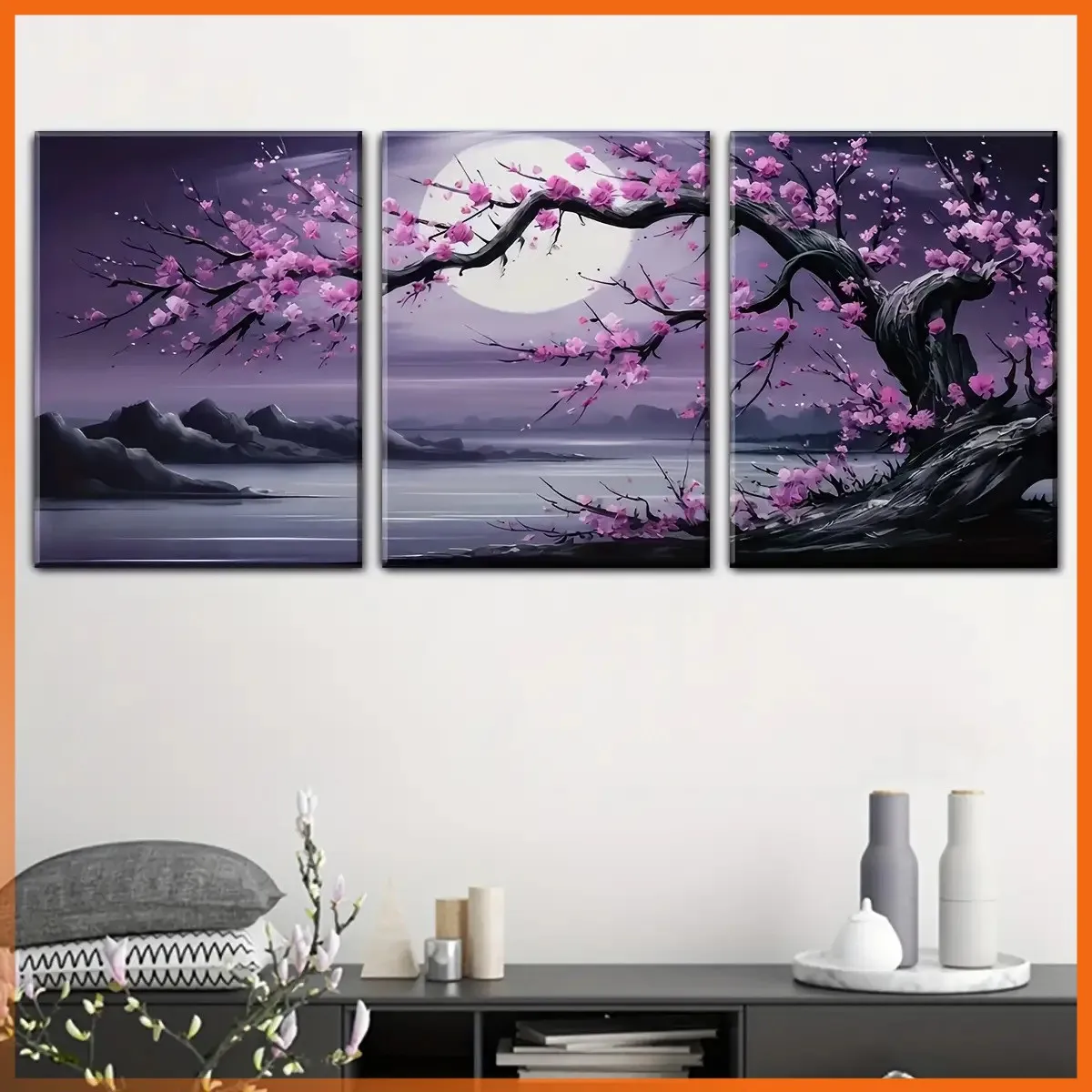Frameless 3PCS 2D Decorative Painting - Canvas Painting - Triptych Of Pink Cherry Blossoms Moonlit Water - Cheap Room Decor -