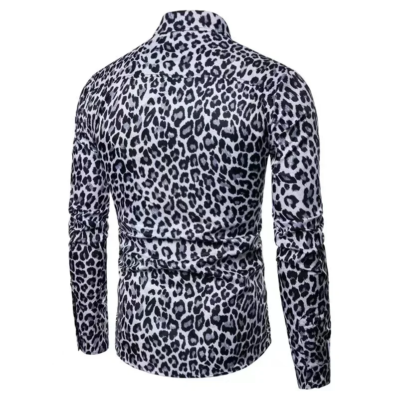 Fashion Luxury Leopard Print Men\'s Shirts Single Breasted Shirts Casual Camo Turbulence Print Long Sleeves Men\'s Hawaiian Tops