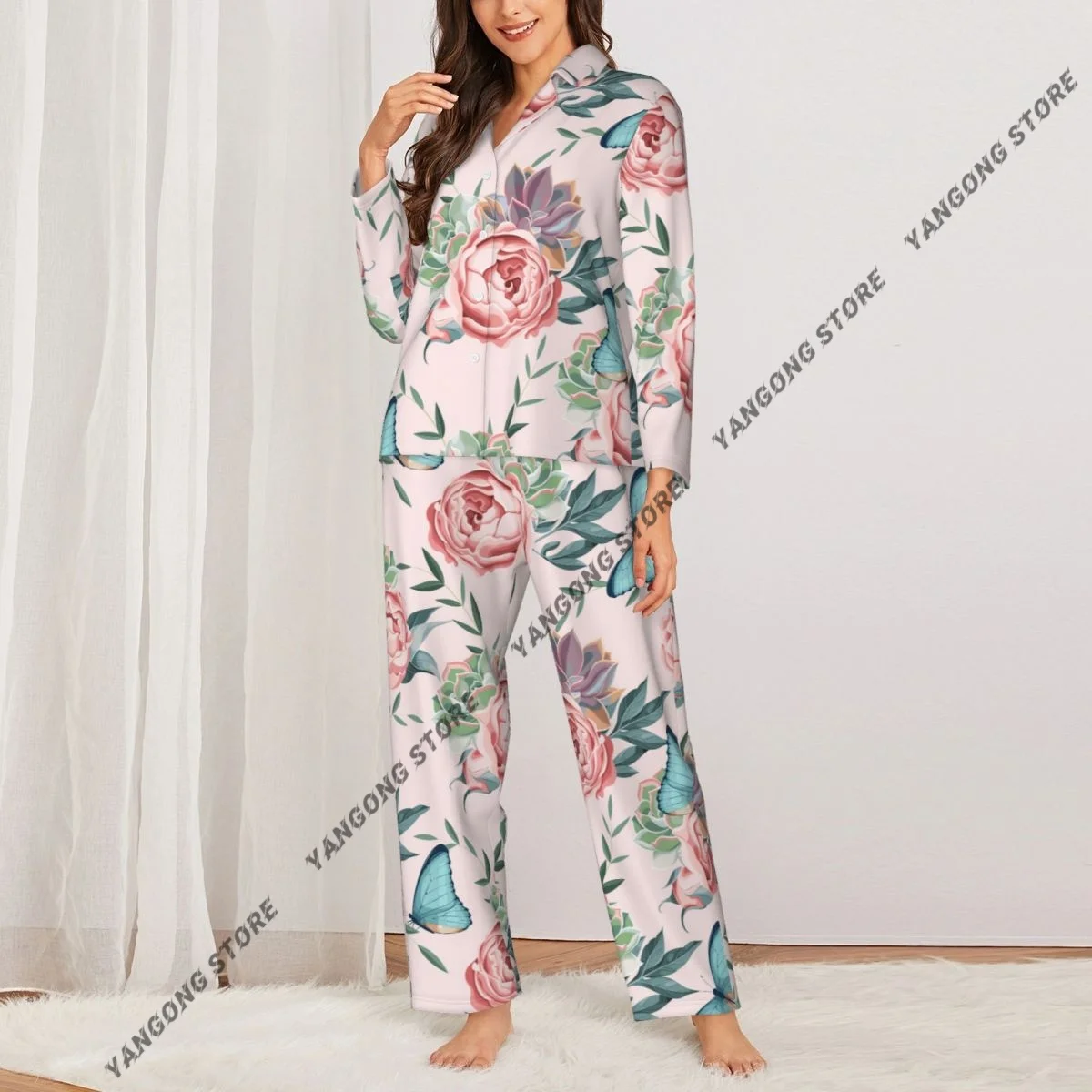 Spring and Autumn Long Sleeve Pants Pajamas Loungewear Set Watercolor Rose Flower Women's Pull Edge Loose Sleeping Suit