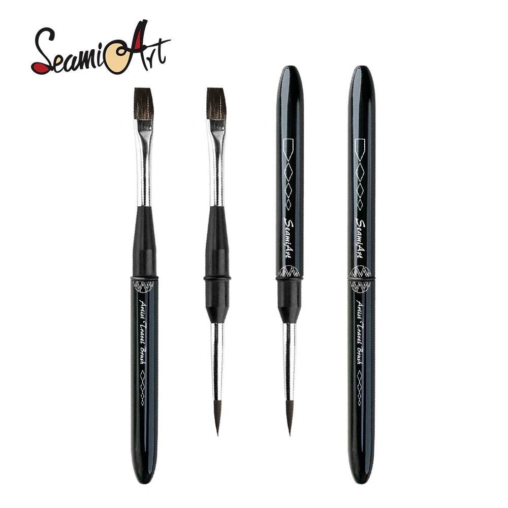 SeamiArt 1pc Artist Dual-Head Flat Round Travel Brush Portable Watercolor Squirrel Fur Painting Brush for Art Supplies