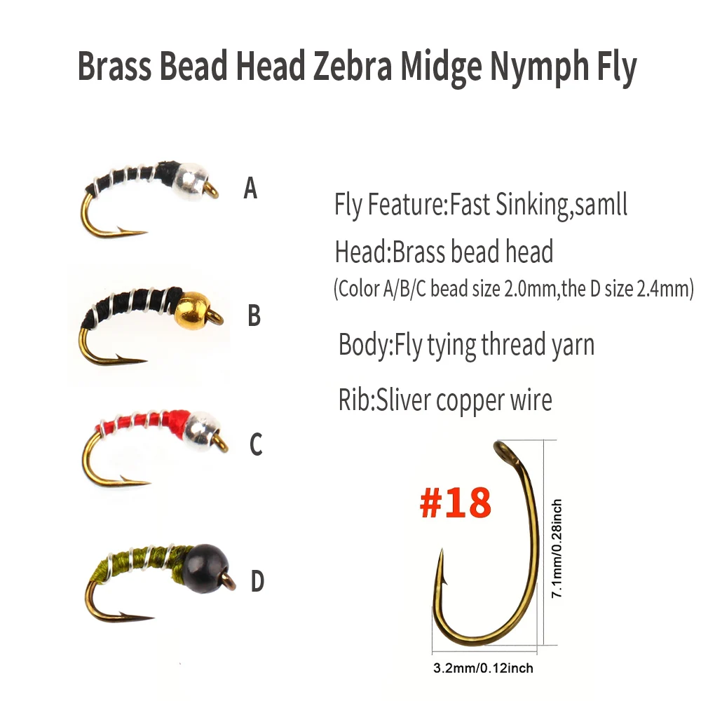 9 or 12pcs 18# Hook Brass Beadhead Zebra Midge Fly Trout Nymph Midge Pupae Buzzer Larva Tying Hook Trout Fishing Fly Lure Bait