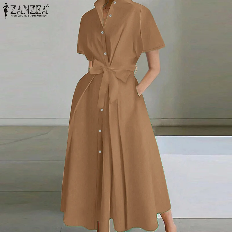 Mode Sommer Hemd Kleid 2026 ZANZEA Büro Frauen Kleider Elegante Revers Hals Kurzarm Midi Sommerkleid Solide Tasten Vestidos