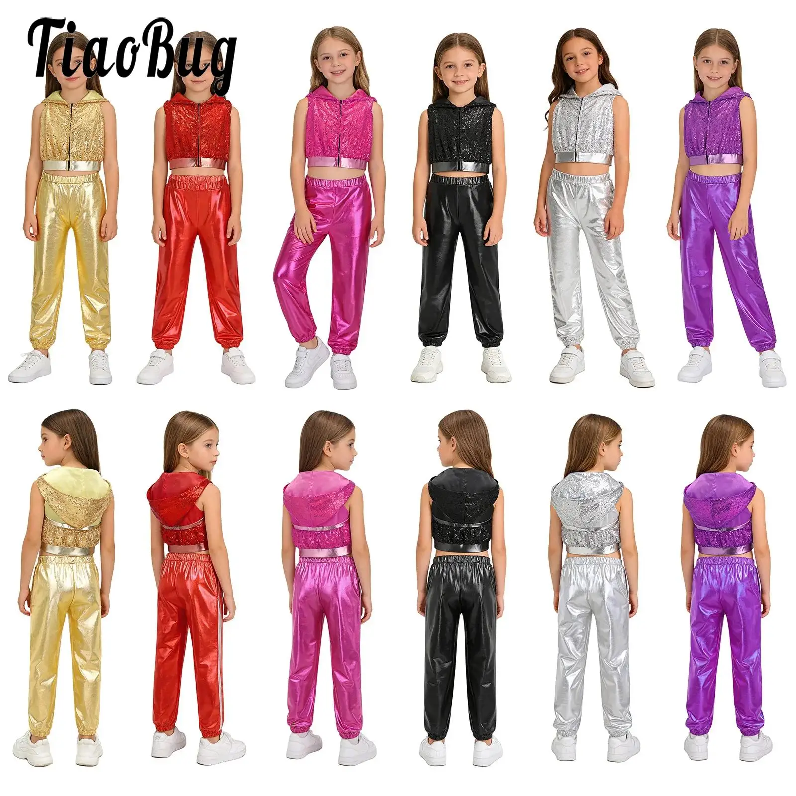 Kids Girls Hip-Hop Jazz Dance Modern Street Costume Outfits Sleeveless Sparkly Sequins Hooded Crop Top with Metallic Pants