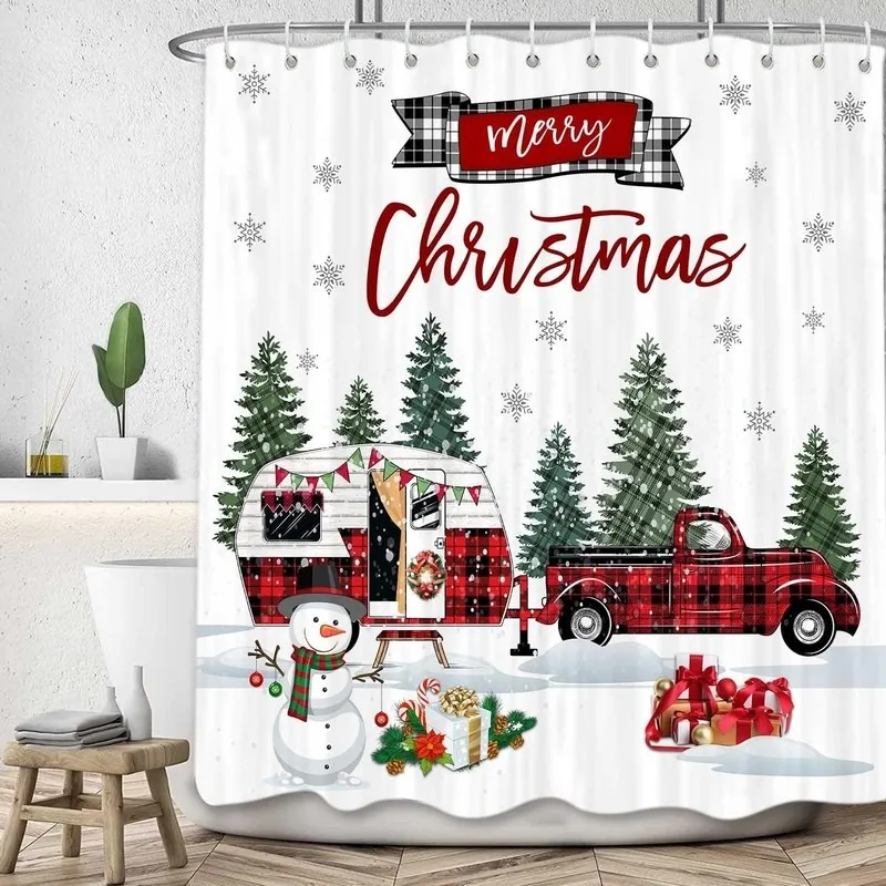 Red Black Plaid RV Camper Snowman Pine Forest Christmas Shower Curtain Waterproof No Drill Hanging with 12 Hooks for