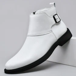 WAERTA Brand Chelsea Genuine Leather Mens Ankle Shoes Dress Business Boots Elegant Mans Winter Warm Luxury Quality White Boots