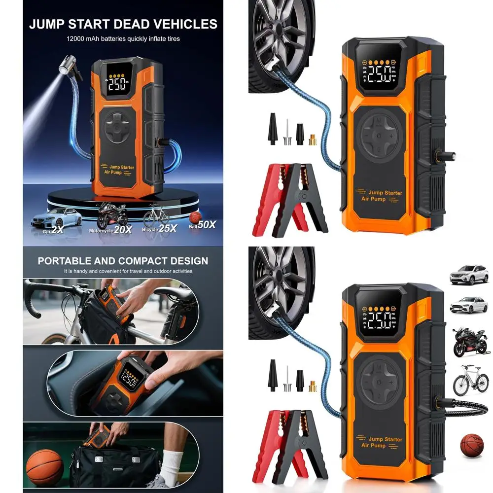 

Портативный воздушный компрессор мощностью 150 фунтов на квадратный дюйм с автоматическим отключением для автомобилей, мотоциклов, велосипедов и шариков; В комплект входит стартер 4500 А и светодиодная подсветка.