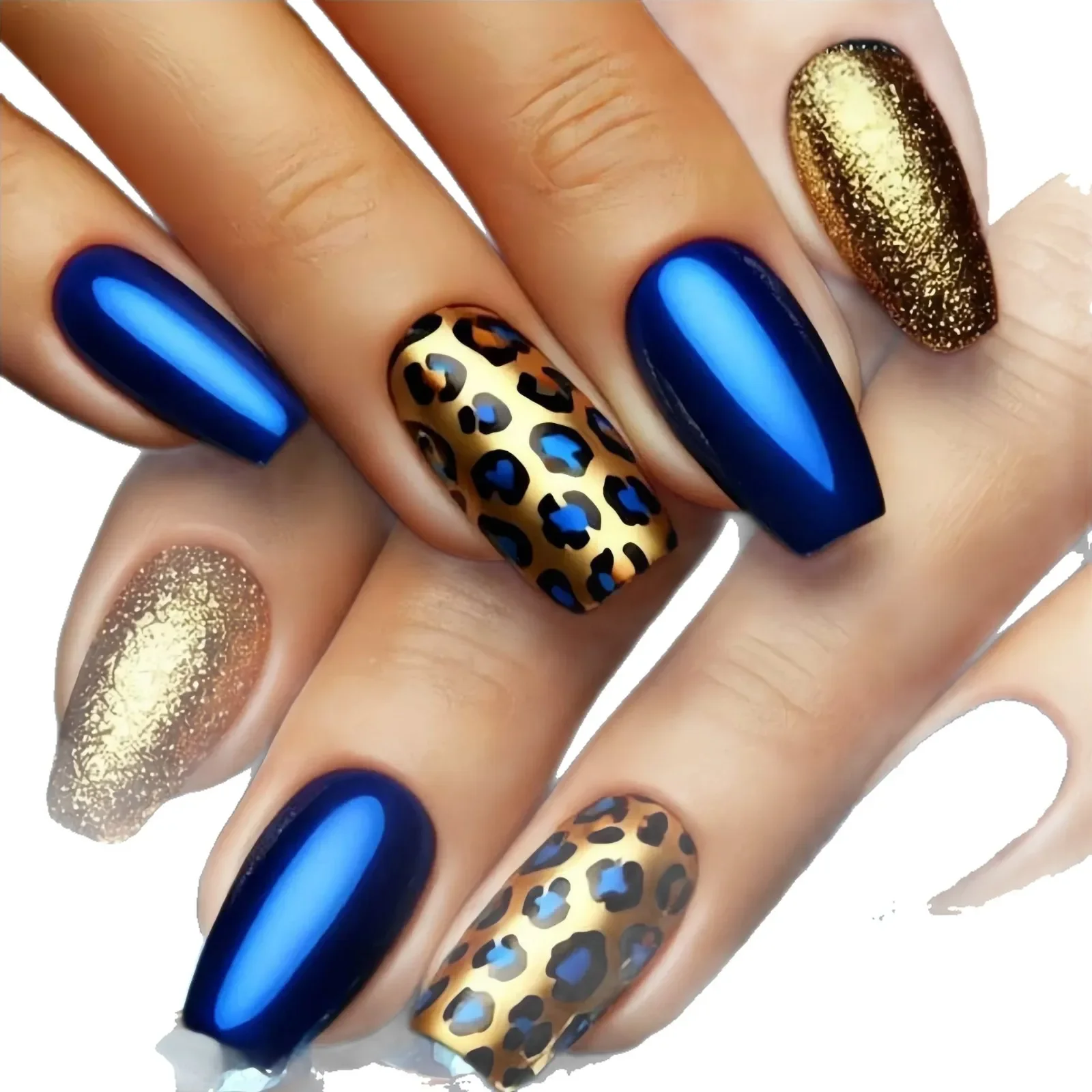 Blue & Gold Leopard Press On Nails, Medium Coffin Fake Nails, Metallic Shine & Leopard Print Removable False Nail Tips