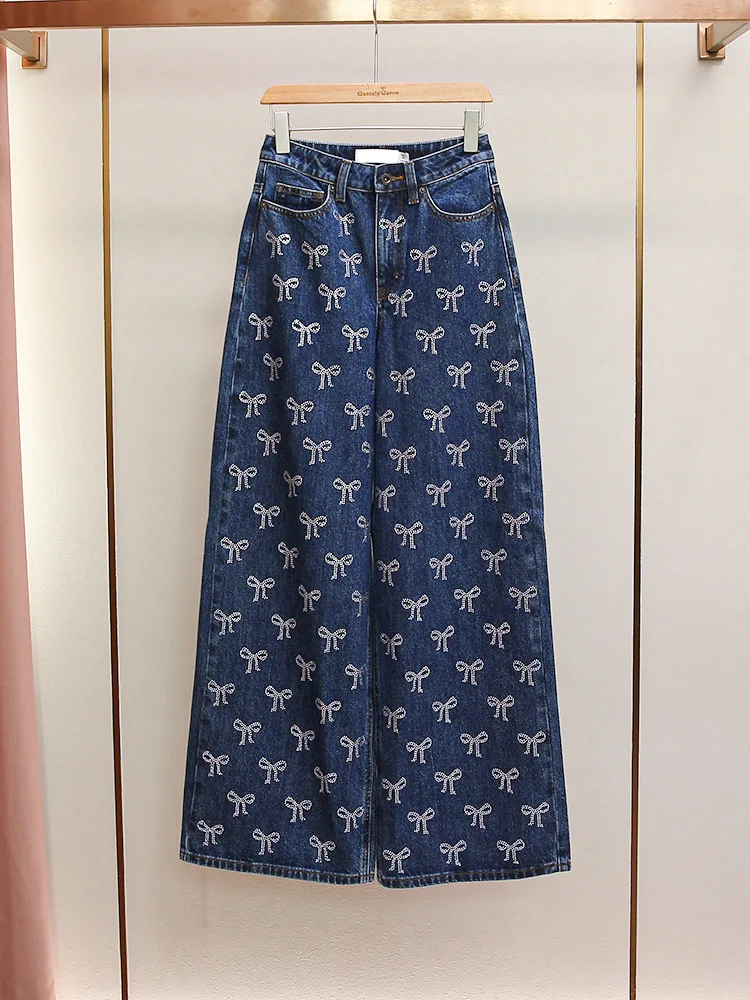 

New autumn winter fashionable retro French design bow rhinestone wide-leg jeans casual versatile winter pants woman wide leg pan