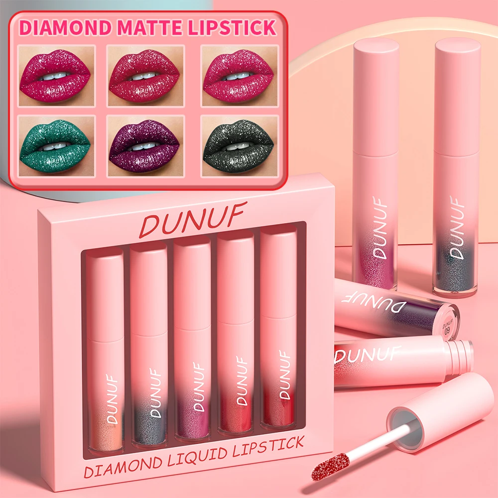 DUNUF 5 sztuk/zestaw Shimmer Diamond Glitter błyszczyk matowa szminka w płynie seksowna wodoodporna perła aksamitna błyszczyk makijaż ust