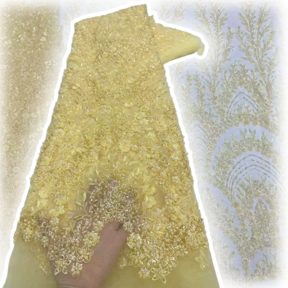 

Yellow Sequins Luxury Beaded Lace Africa High Quality 5 Yards Handmade Sequins Fabric Nigeria Party Dress Sewing Material AH1557