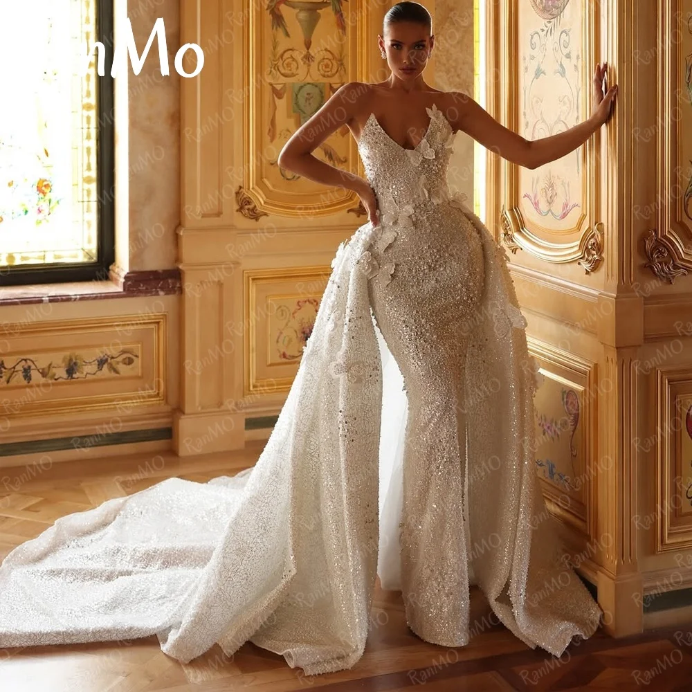 

Ranmo Elegant Mermaid Wedding Dress Sweetheart Neck Sleeveless Bridal Gowns Pearls Sequins Appliques Detachable Train Customsied