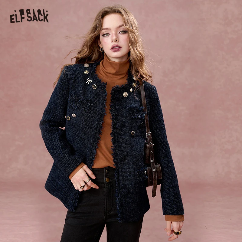 ELFSACK 2024 Autumn New Arrivals Versatile navy blue tweed short woolen coat for women