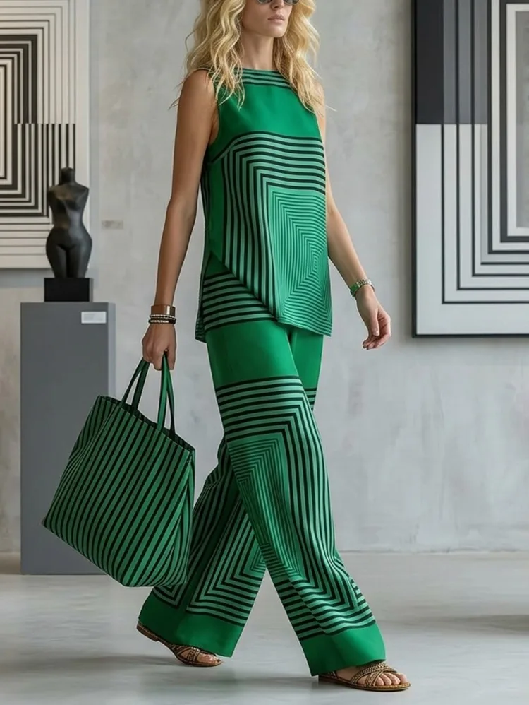 UOOZEE Office Ladies Commuter 2 Piece Set Geometric Striped O-Neck Sleeveless Tops & High Waisted Wide Leg Pants Matching Set