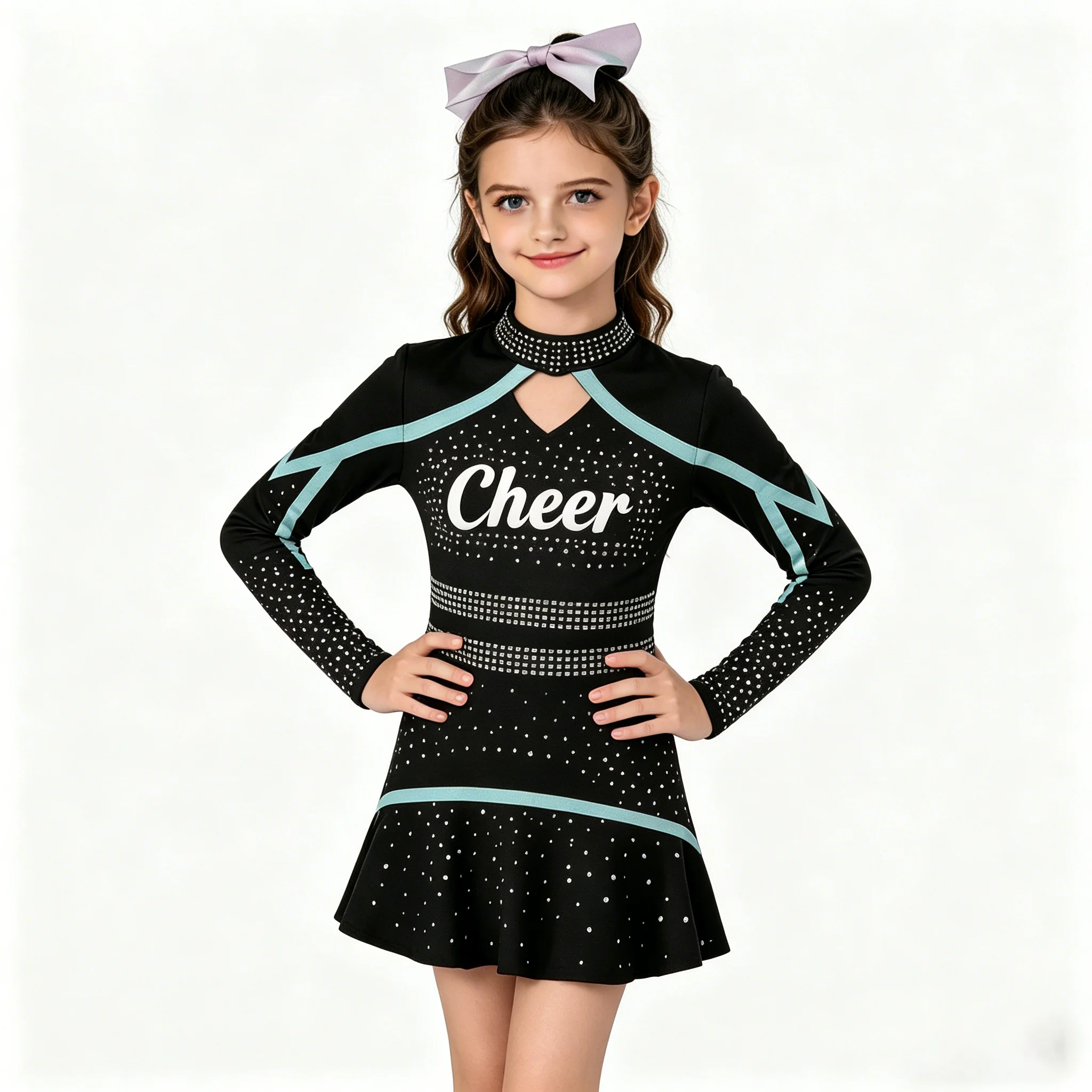 

Kids Cheerleading Uniform Dress Long Sleeve Rhinestone Cheerleader Costume Cutout Neck Cheer Outfit Girls School Cheer Dance