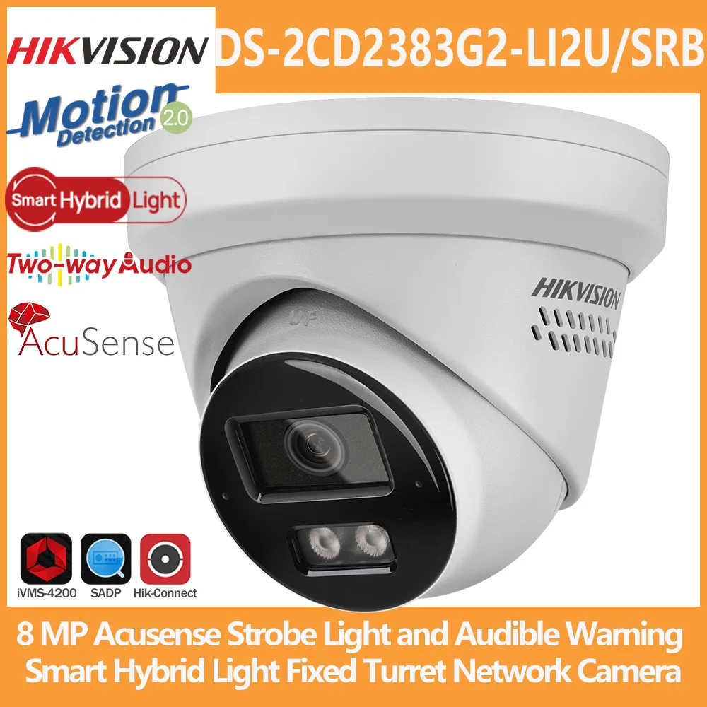 Hikvision DS-2CD2383G2-LI2U/SRB 8MP IP Camera Smart Hybrid Light Arrayed Mic Speaker Turret Acusense Red and Blue Light Warning