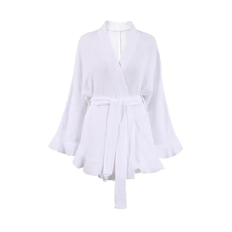 Summer Long Sleeve Pajamas Crepe Cotton Fashion Ruffled Nightgown Shorts Set Loose Loungewear for Women