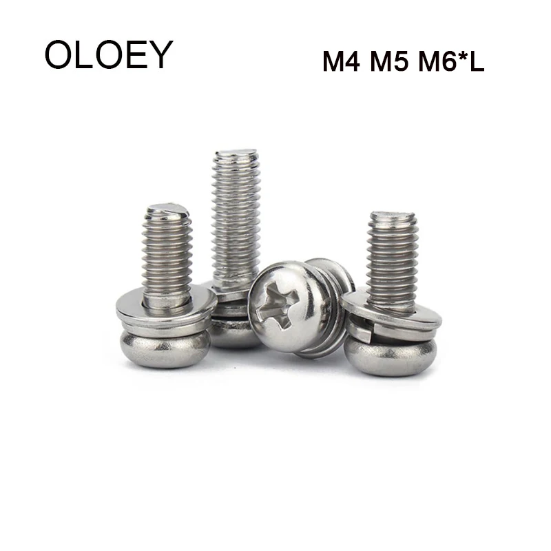 OLOEY Cross Recessed Pan Head Screw with Washer Stainless Steel M4 M5 M6*L:6mm-30mm Three Combination Machine sems screw