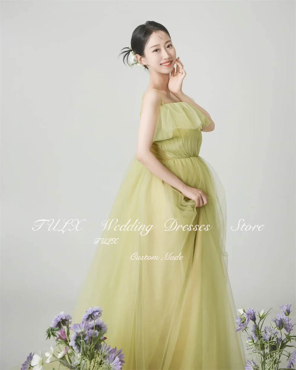 TULX vert Tulle robe de soirée corée grossesse mariage séance Photo bretelles longue robe de soirée de mariée Corset personnalisé