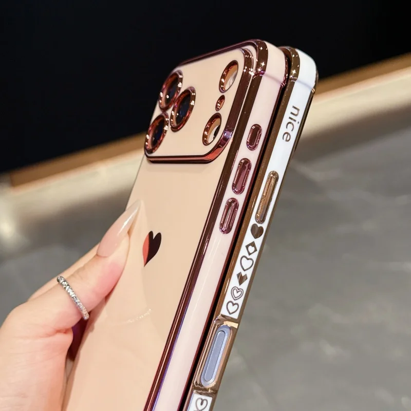 Luxury Plating Love Heart Soft Phone Case For iPhone 17 Air 16 15 14 13 12 11 Pro Max Mini Plus Edge Pattern Silicone Back Cover
