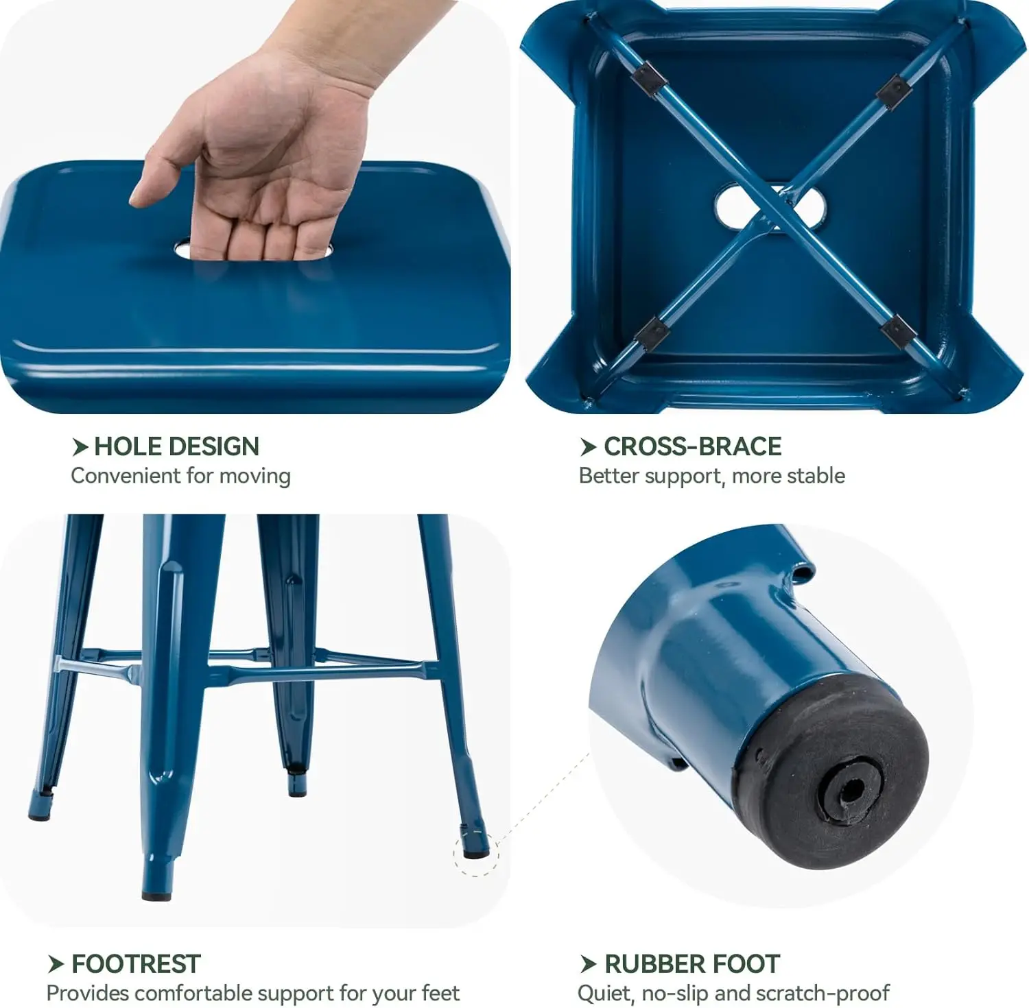 24' 바 스툴 백클메탈 바스툴 실내외 카운터 높이 스툴(사각형 시트 포함), 4개 세트(딥 블루)