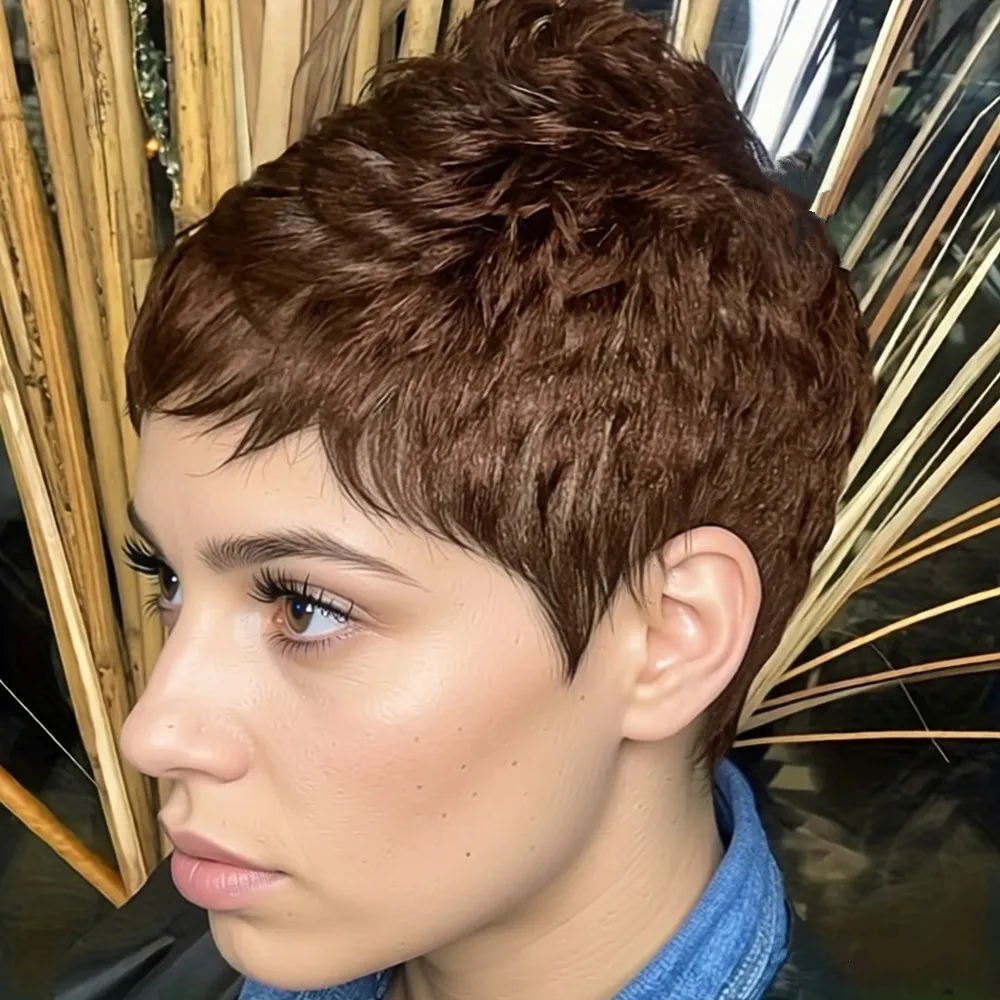 

Парик из натуральных человеческих волос, стрижка пикси, цвет натуральный черный/99j, плотность 150%, 4 дюйма, летний парик машинной работы, из волос реми, для женщин, короткий, многослойный.