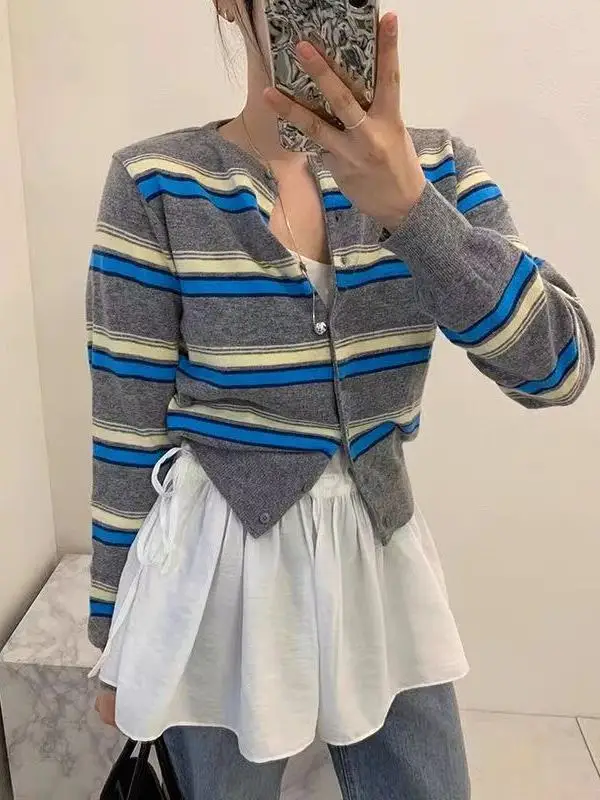 Slim Fit Striped Color Block Single Button Long Sleeve round Neck Knitted Open Cardigan Women's Autumn 2026 Loose Feeling Swe...