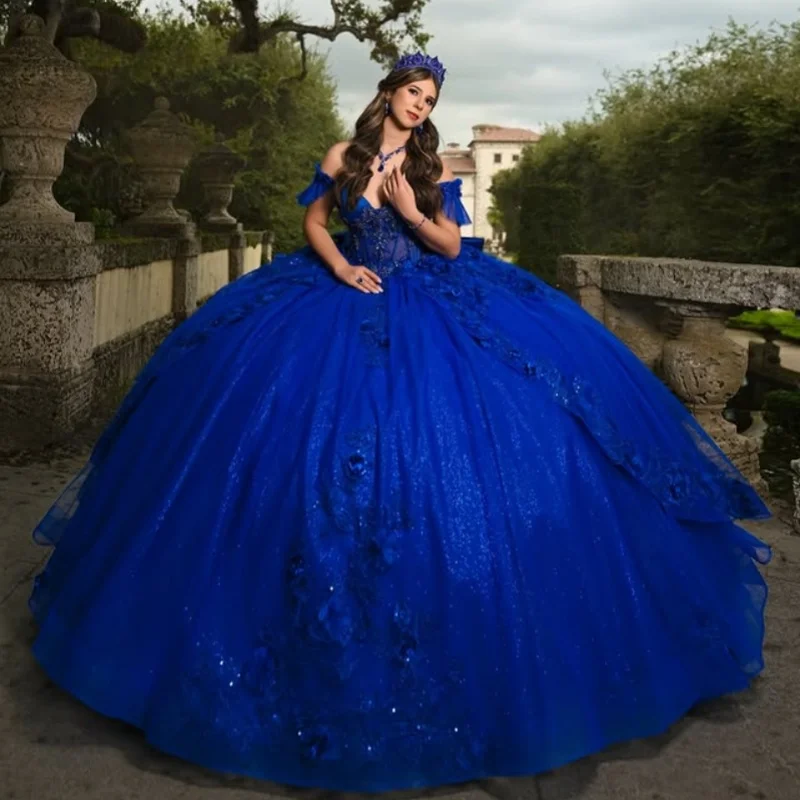 

Shiny royal blue Quinceanera Dress crystal glitter 3D flower Decal Long tail Lace Bow Vestidos De 15 Quinceanera ﻿Customize