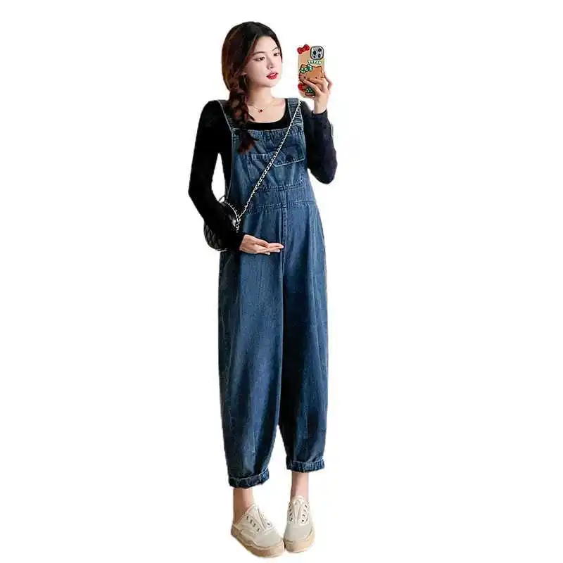 Vintage Denim Maternity Jeans Clothes for Pregnant Women 2024 Spring New Wide Leg Loose Pregnancy Overalls Pants Jumpsuits