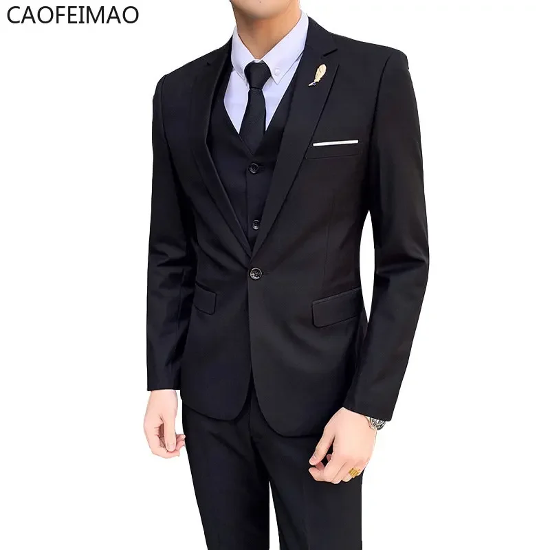 Caifeimao Men Blazers 3 Pieces Sets Business 2 Suits Vest Pants Blue Coats Wedding 2025 Formal Elegant Jackets Korean Luxury