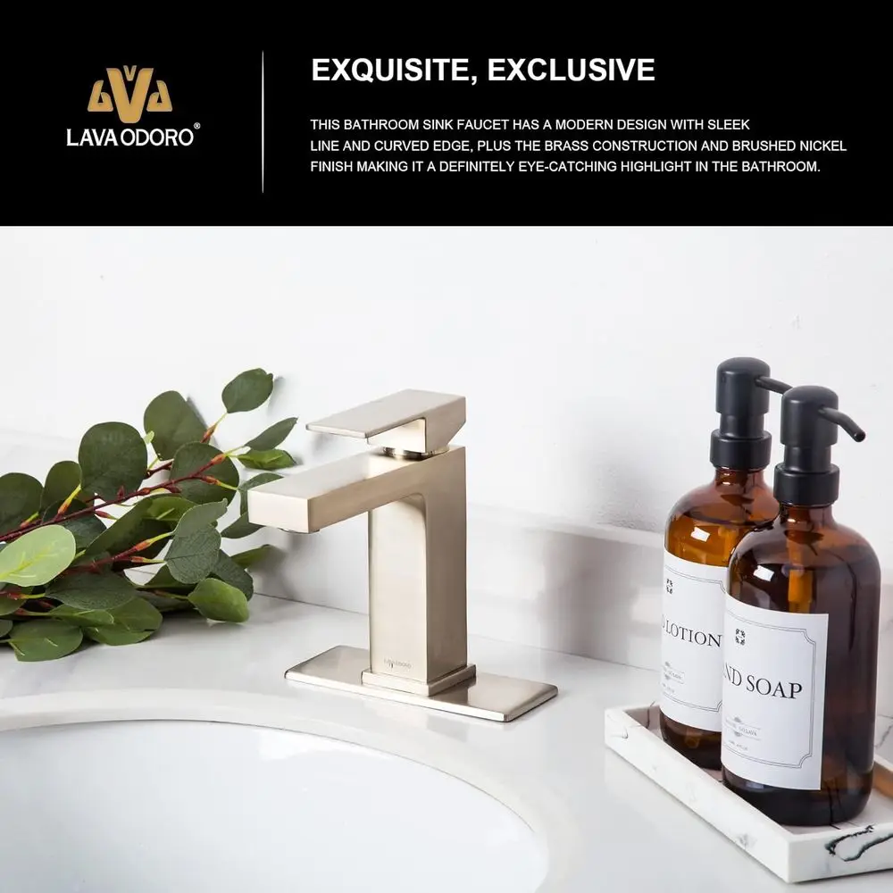 ブラッシュニッケル シングルハンドル洗面台蛇口 ポップアップ排水口付き、デッキプレート付属、BF307-BN