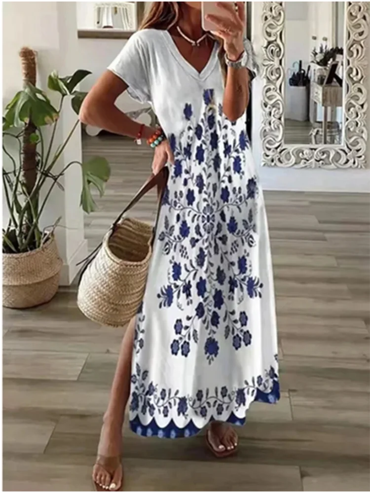 2024 New Summer Fashion V-neck Printed Dress Women\'s Solid Color Pocket Casual Minimalist Beach Long Dress